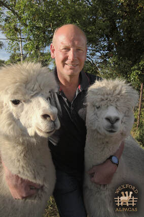 Portrait of Geoff Young smiling and holding two fluffy white alpacas